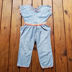 True vintage 1930's 30's toddler little girls blue chambray jumpsuit romper